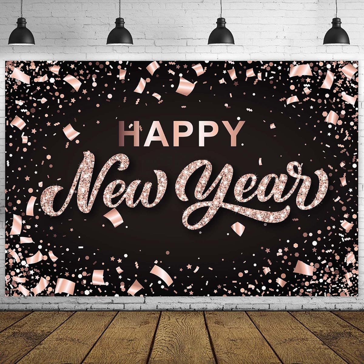Happy New Year 2023 Banner Backdrop Glitter Confetti Theme Decor Decorations Home Winter Christmas New Year's Eve Countdown Party Supplies Background Photo Booth Props Gifts Rose Gold