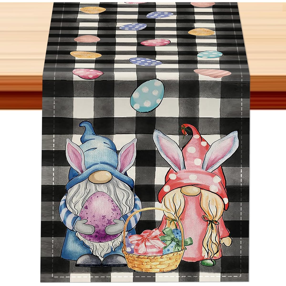 Easter Buffalo Plaid Flower Gnome Egg Table Runner 13x72 Inch - Spring Summer Seasonal Holiday Kitchen Dining Table Decor Indoor Outdoor Home Party Decor