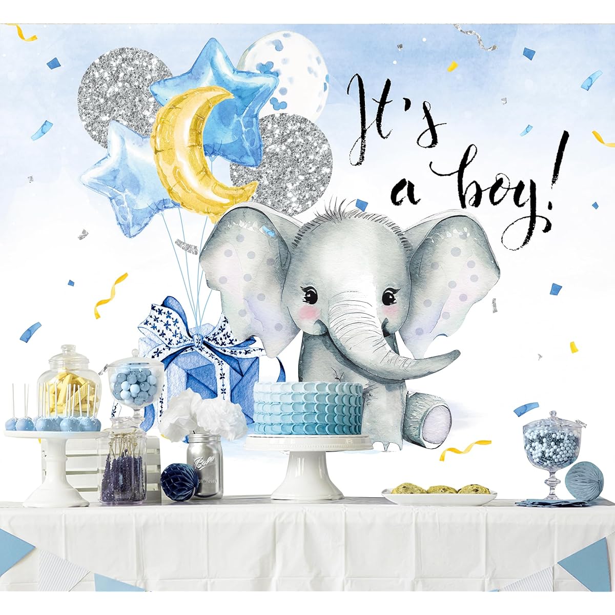 Newsely Blue Elephant Baby Shower Backdrop 7"W x 5"H Photo Watercolor Balloons Animal Theme Boy Background Stars and Moon Gifts Party Decorations Banner Photo Booth Props Birthday Supplies