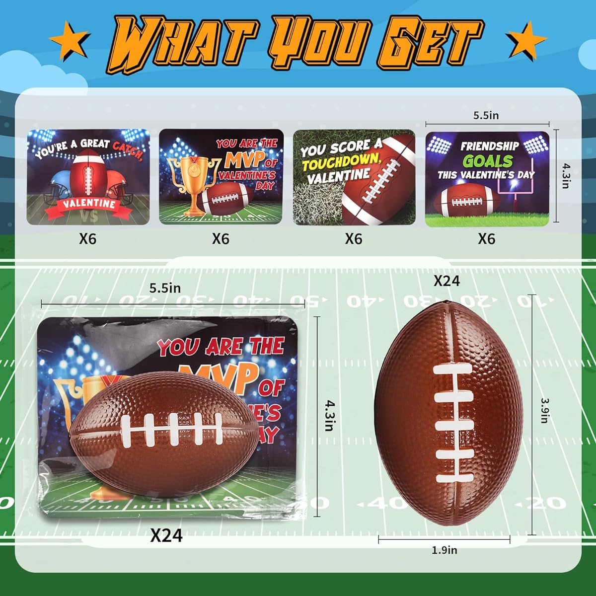 Valentine's Day Cards for Kids, 24 Pack Squishy Footballs with Valentine Exchange Cards, School Lessons, Stress Relief, Squishy Foam Balls, Valentine's Party Favors, Valentine Giveaways