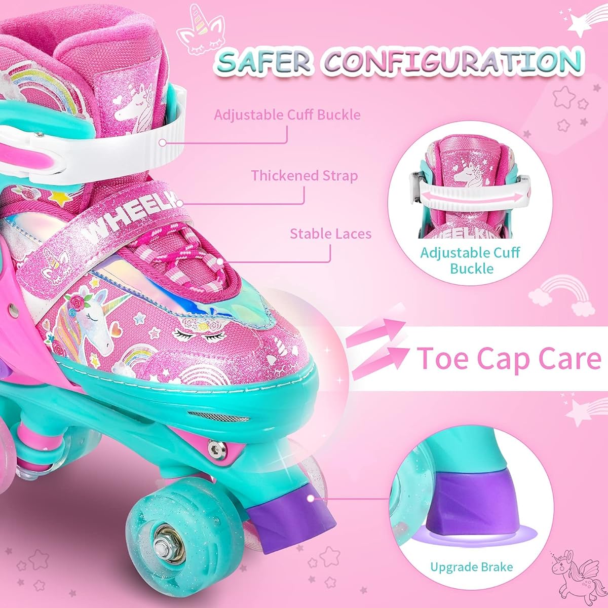 Truwheelz Rainbow Roller Skates for Girls Ages 6-12 & 3-5 | Adjustable Light Up Roller Skates for Kids