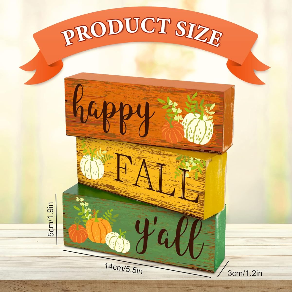 Whaline 3pcs Fall Wooden Block Sign Happy Fall y'all Tiered Tray Decor Orange Yellow Green Tabletop Shelf Sitter Sign Farmhouse Fall Wooden Home Decoration Fall Thanksgiving Party Decor