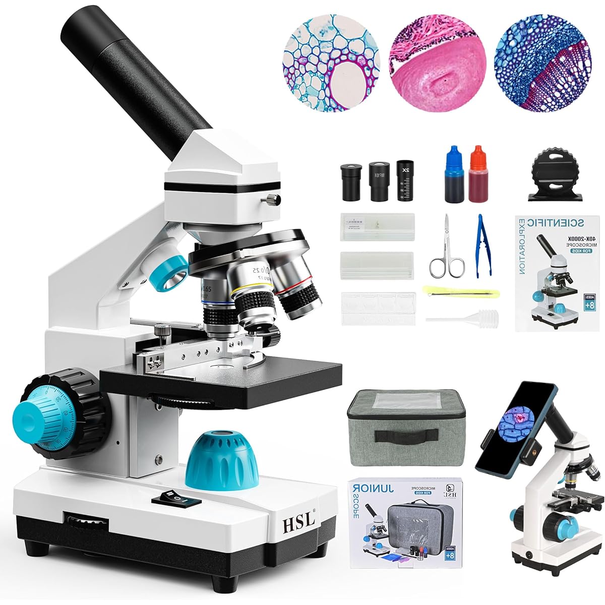 HSL 40X-2000X Microscope for Kids, Monocular Compound Microscope Kit for Students Adults, Dual LED Powerful Biological Microscope Set for Laboratory School Lab Education Science Beginner 1000x 2000x