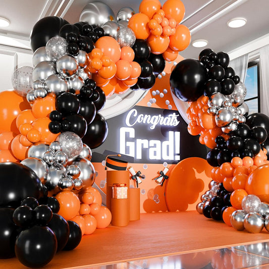 100pcs Easy DIY - Orange and Black Balloon Arch Kit & Garland - Small and Large Silver Orange Black Balloons - Graduation Birthday Bengals Halloween Harley Davidson Basketball Party Decorations