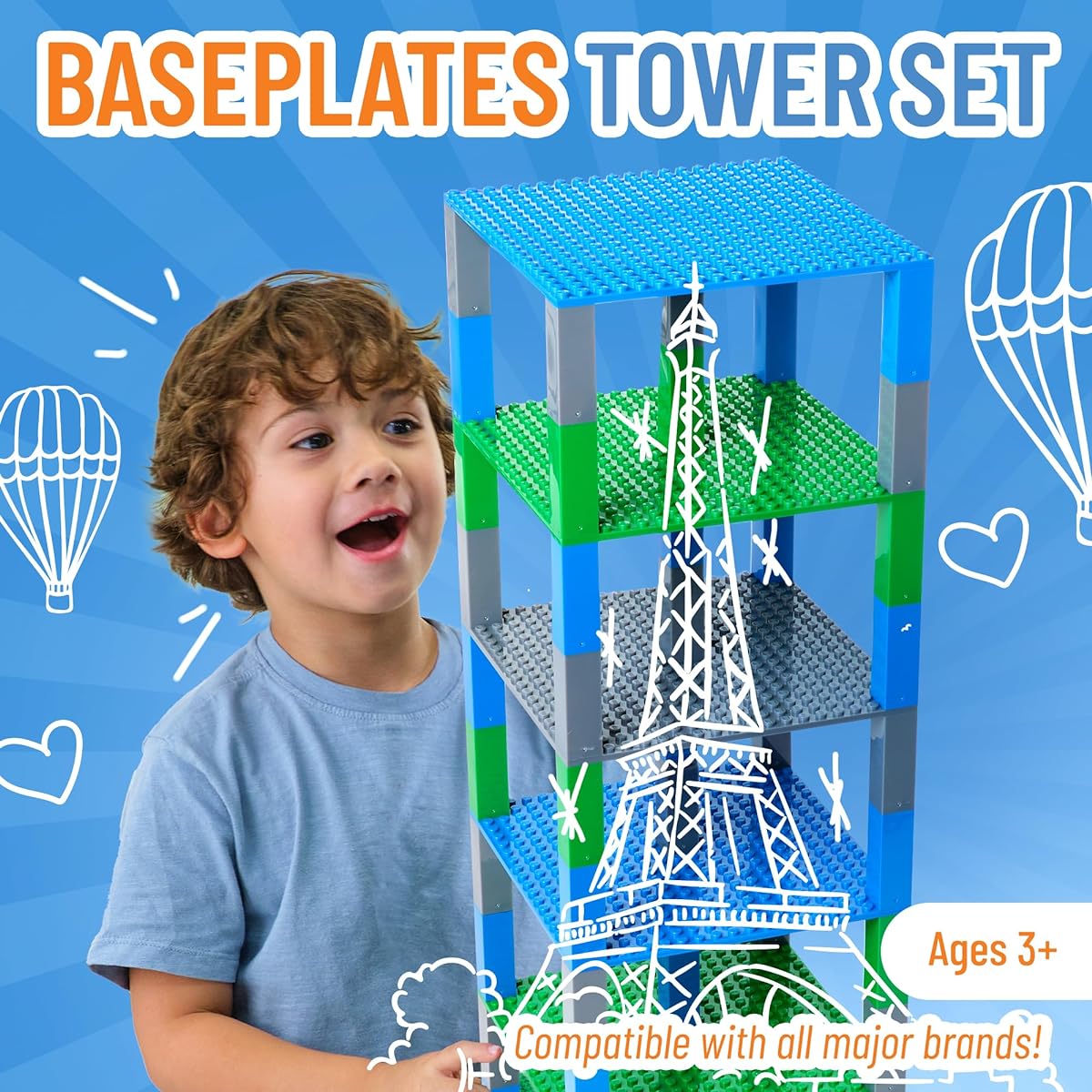 Strictly Briks Classic Base Plate 15.24x15.24cm Brick Tower products and 6 Building Bricks Base Plates & 50 Stackers for building towers, shelves and many other things, in blue, green and grey.
