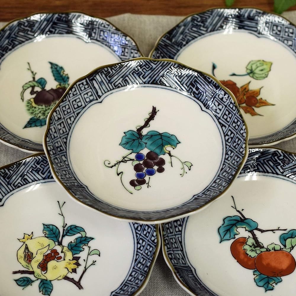 Plate Set, Stylish Tableware, Kutani Ware, Small Plates, Set of 5, Fruit Pictures, Pottery, Japanese Tableware, Serving Plate, Made in Japan