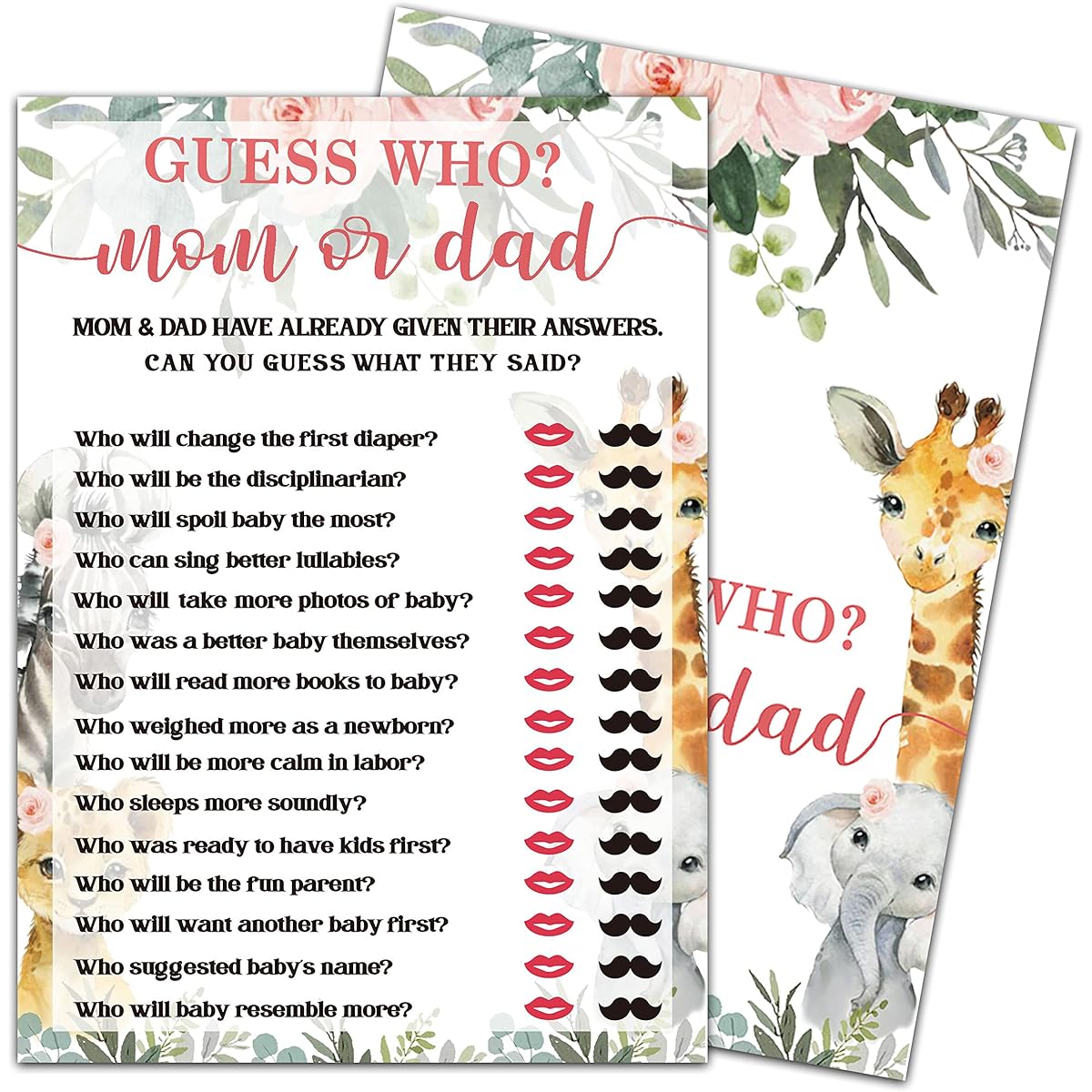 Guess Who? Mom or Dad Baby Shower Game, Gender Reveal Party Supplies, Jungle Animal Safari Floral Green Party Decorations, - 30 Game Cards (bb002-yx06)