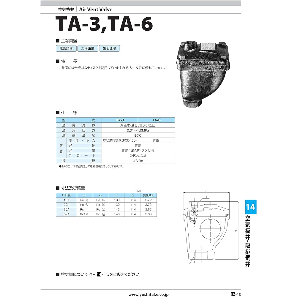 Yoshitake Air Vent Valve Electrodeposition Painting Float Type Made of FCD Applicable Pressure 0.01~1.0MPa Screw Connection Port Size 20A Body FCD450 Maximum Temperature 90℃ Model TA-3 20A