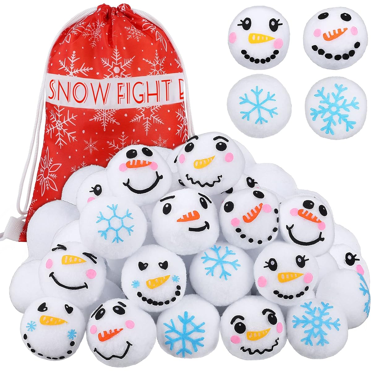 ELCOHO 24 Pack 2.8 Inch Snow Toy Ball Set Fight Fun Plush Cute Snowman Balls Artificial Fake Balls with Snowflake Bag Christmas Winter Games Indoor Outdoor Play Toys