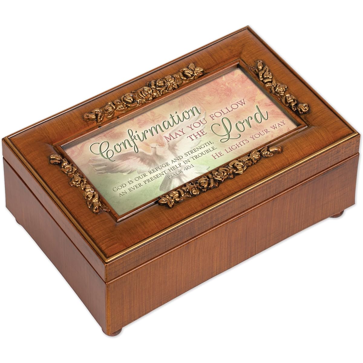 Cottage Garden Confirmation Follow The Lord Woodgrain Embossed Jewelry Music Box Amazing Grace