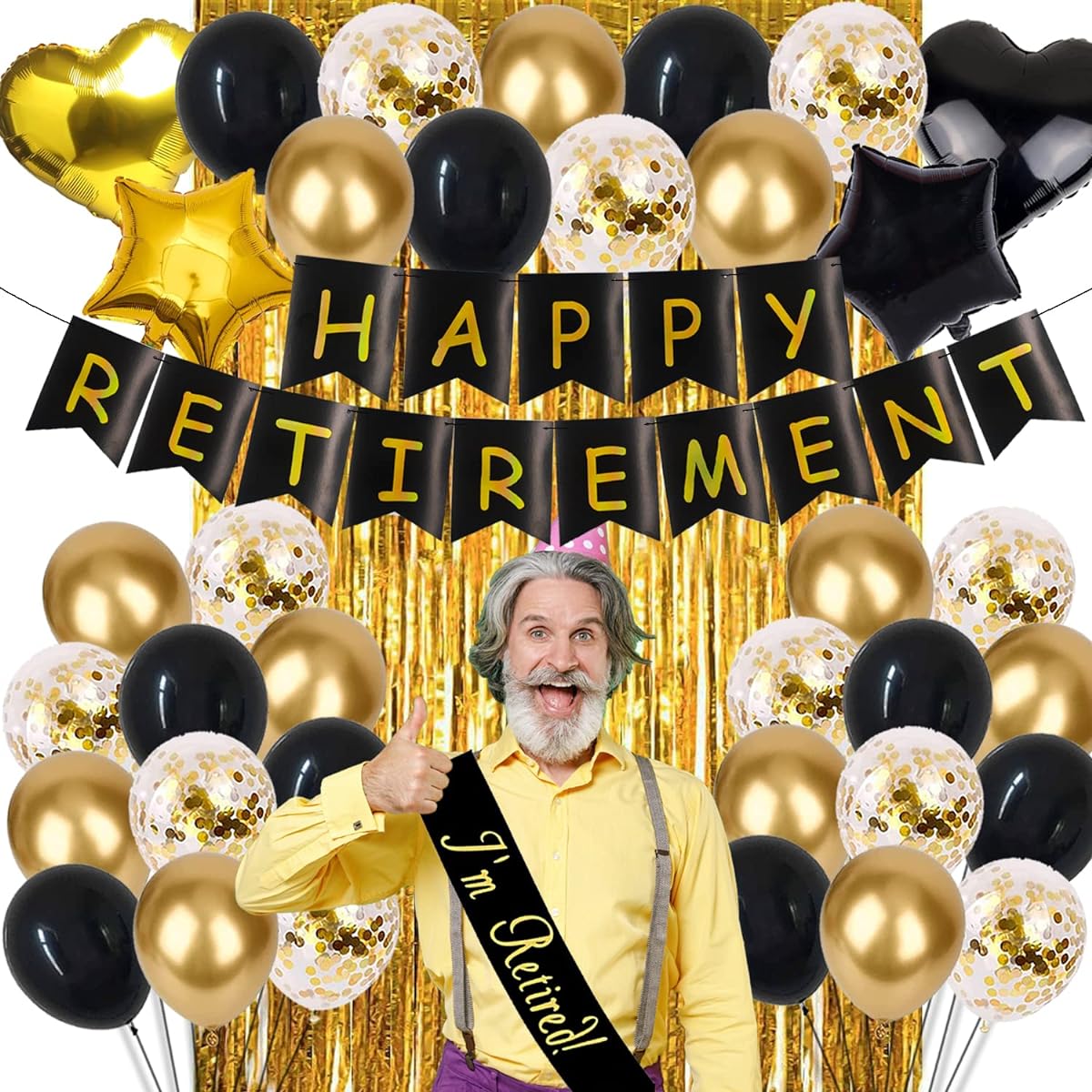Retirement Party Decorations Black and Gold Happy Retirement Banner I'm Retired Sash with Gold Foil Fringe Curtains and 34 Balloons Retirement Party Supplies for Men and Women