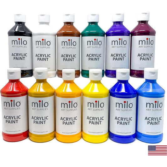 milo Acrylic Paint 12 Color Set | 8oz Bottles | Student Primary Color Acrylic Painting Pack | Made in the USA | Non-Toxic Arts & Crafts Paints for Artists, Kids, and Hobby Painters