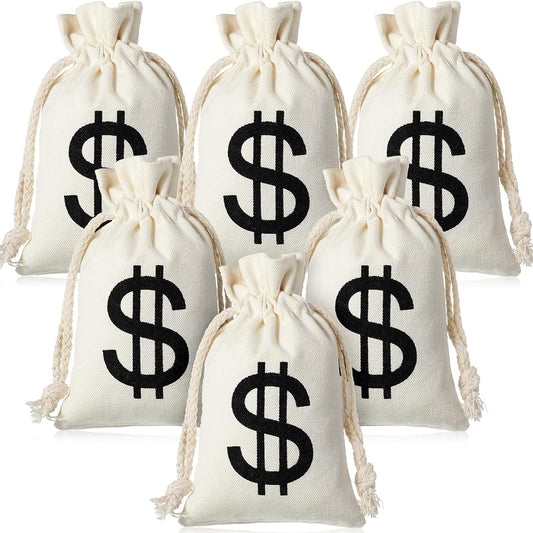 48 Pieces Money Bag Pouches with Drawstring Canvas Cloth and Dollar Signs Novelty Toys Party Favors Props