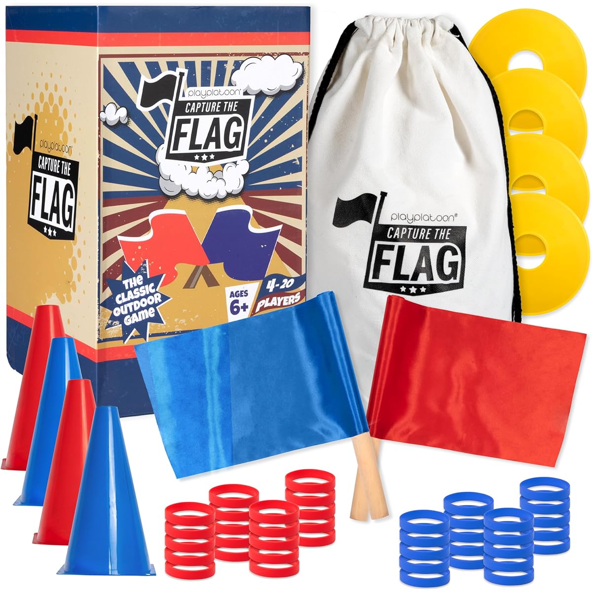 Play Platoon Capture The Flag Traditional Original 20 Players with Real Wooden Handle Flags - Outdoor Yard Game for Families Kids Teens - Boy Birthday Gift, Family Reunion, Cool on the Field