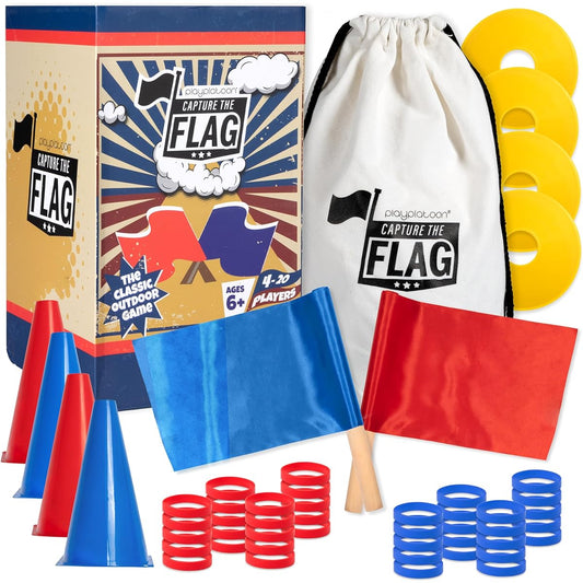 Play Platoon Capture The Flag Traditional Original 20 Players with Real Wooden Handle Flags - Outdoor Yard Game for Families Kids Teens - Boy Birthday Gift, Family Reunion, Cool on the Field