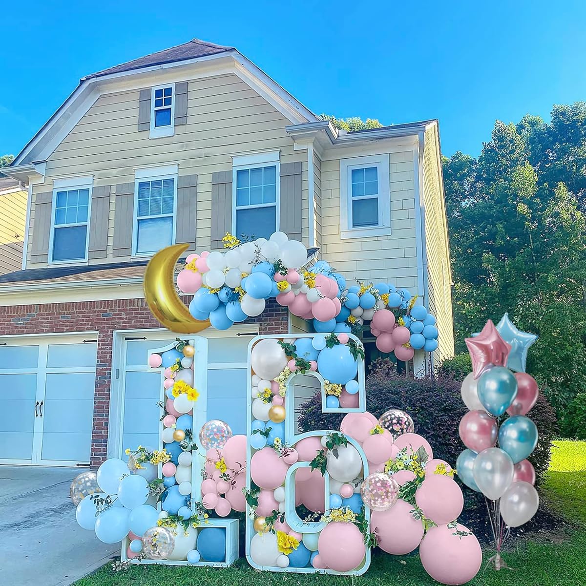175pcs Pink and Blue Balloon Garland Arch Kit - Different Size 5/10/12/18inch Pink White Blue Confetti Balloons for Gender Reveal Baby Shower Decorations with Moon and Star Foil Balloons for Boys and Girls