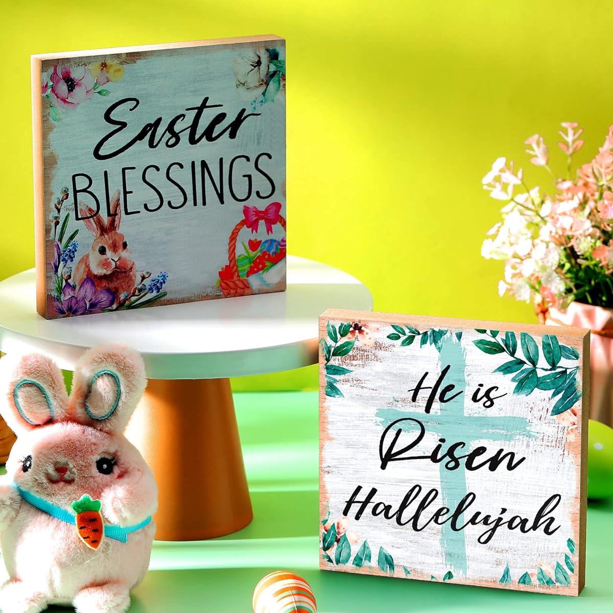 2pcs Easter Wooden Plaque Easter Christian Wooden Sign Easter Blessings and He Risen Hallelujah Rustic Easter Religious Wooden Table Decor Wall/Door/Room/Home Decor