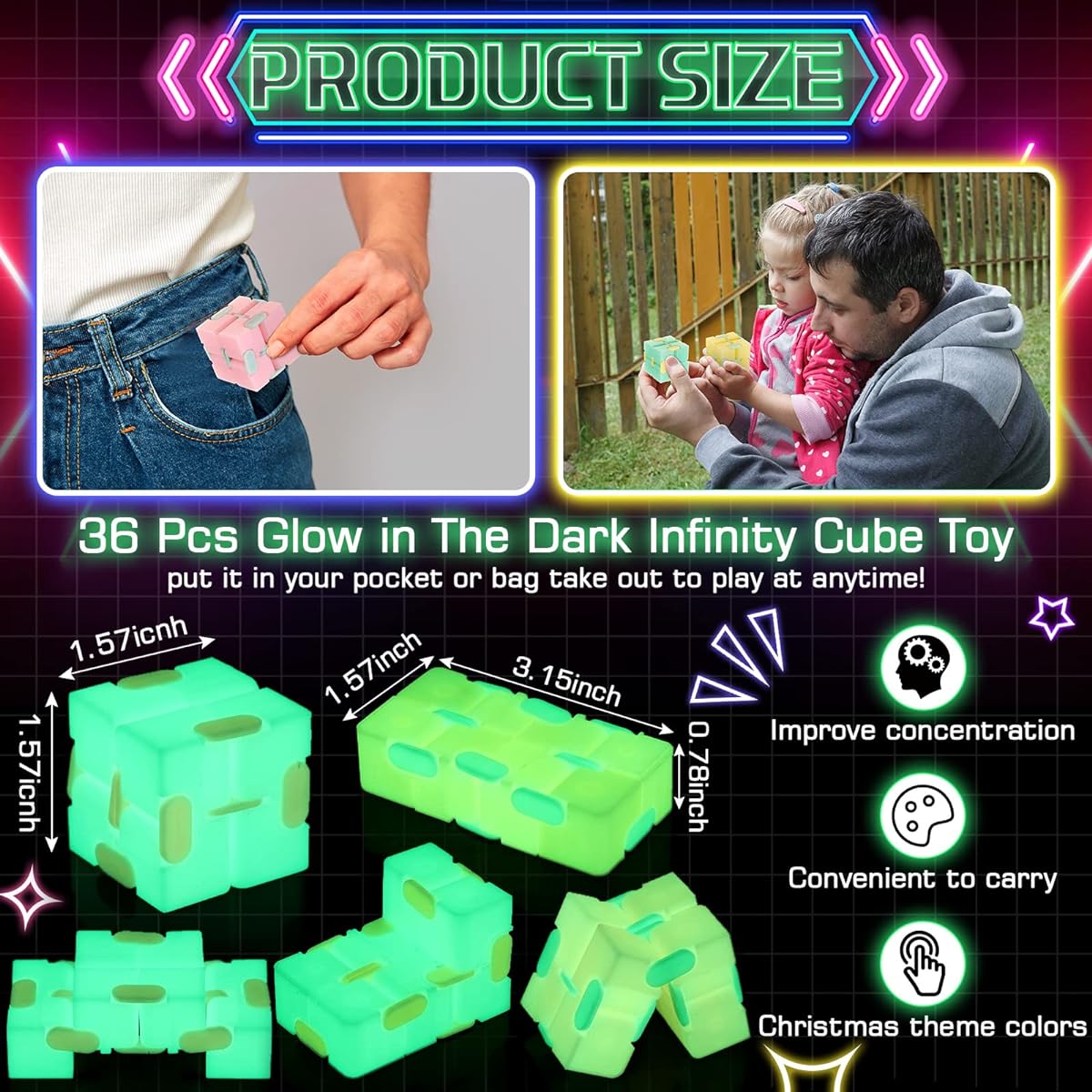 Glow in the Dark Infinity Cube 36 Pieces Fidget Cube Anxiety Relief Fidget Toy Bulk Fun Gadget Handheld Magic Sensory Stress Cube Toy Adults Little Teens Light Up Game Party Favor Birthday Gift