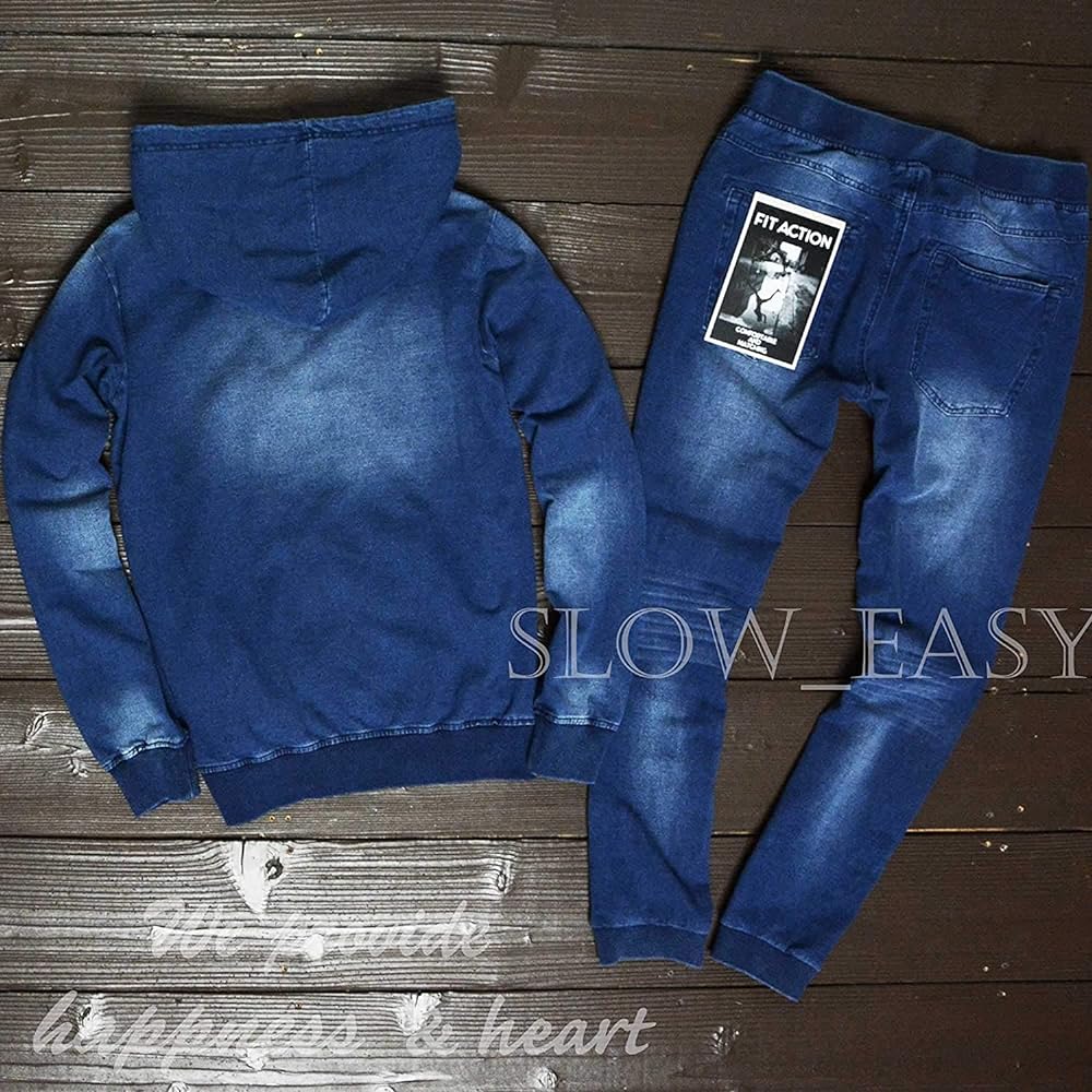 [slow&easy] Cut Denim Setup Zip Parka Jogger Pants《Casual Fashion Sporty Fashion》Top and Bottom Set Cut and Sew Material Sweatshirts