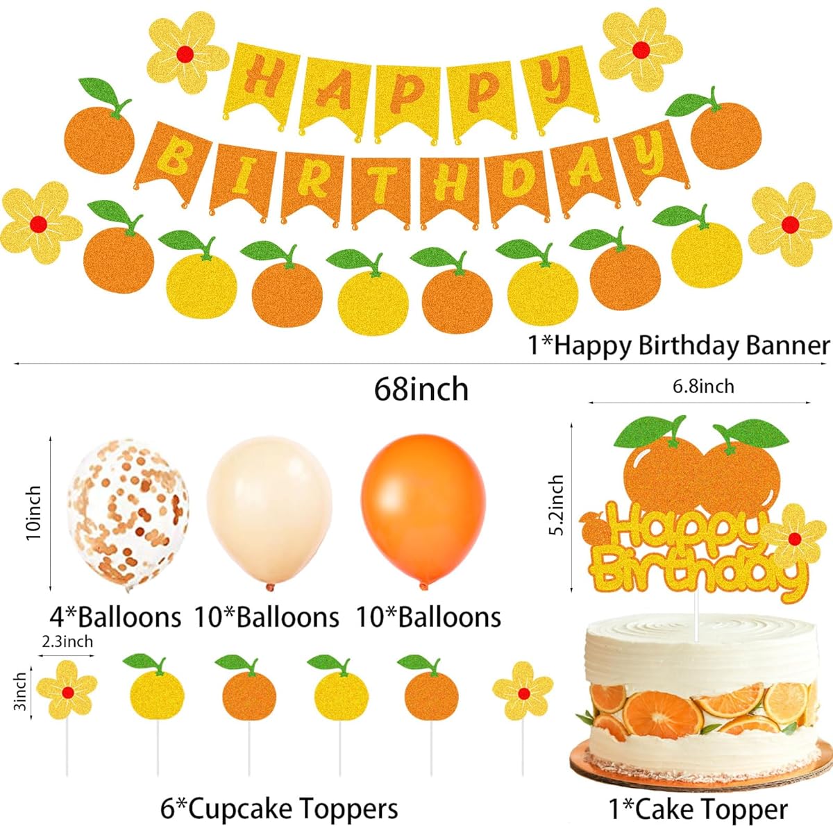 G-LOVELY'S Orange Happy Birthday Party Decorations Set Fruit Themed Party Supplies Orange Birthday Balloon Cake Topper Cupcake Toppers Banner Tangerine Decorations for Baby Shower Girls First Birthday
