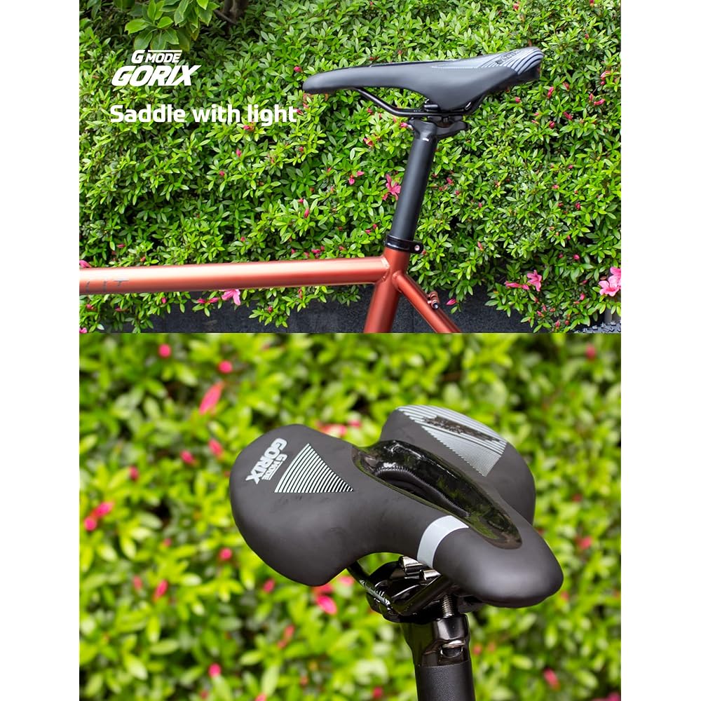 GORIX Saddle Bicycle [Saddle with Light] Short Nose Wide Type Tail Light (GX-GMODE) Waterproof PU Leather Cushion Road Bike Cross Bike Cushion Perforated Stylish Design