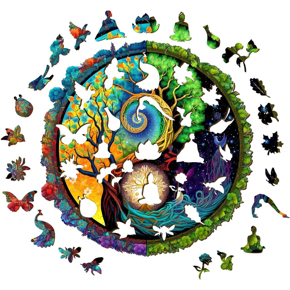Wooden Puzzle for Adults 11.8 * 11.8 Inch - 200 Pieces Yin Yang Tree Wooden Jigsaw Puzzle Unique Puzzle Shape Beautiful Puzzle Box Christmas Birthday Gift for Adults and Kids