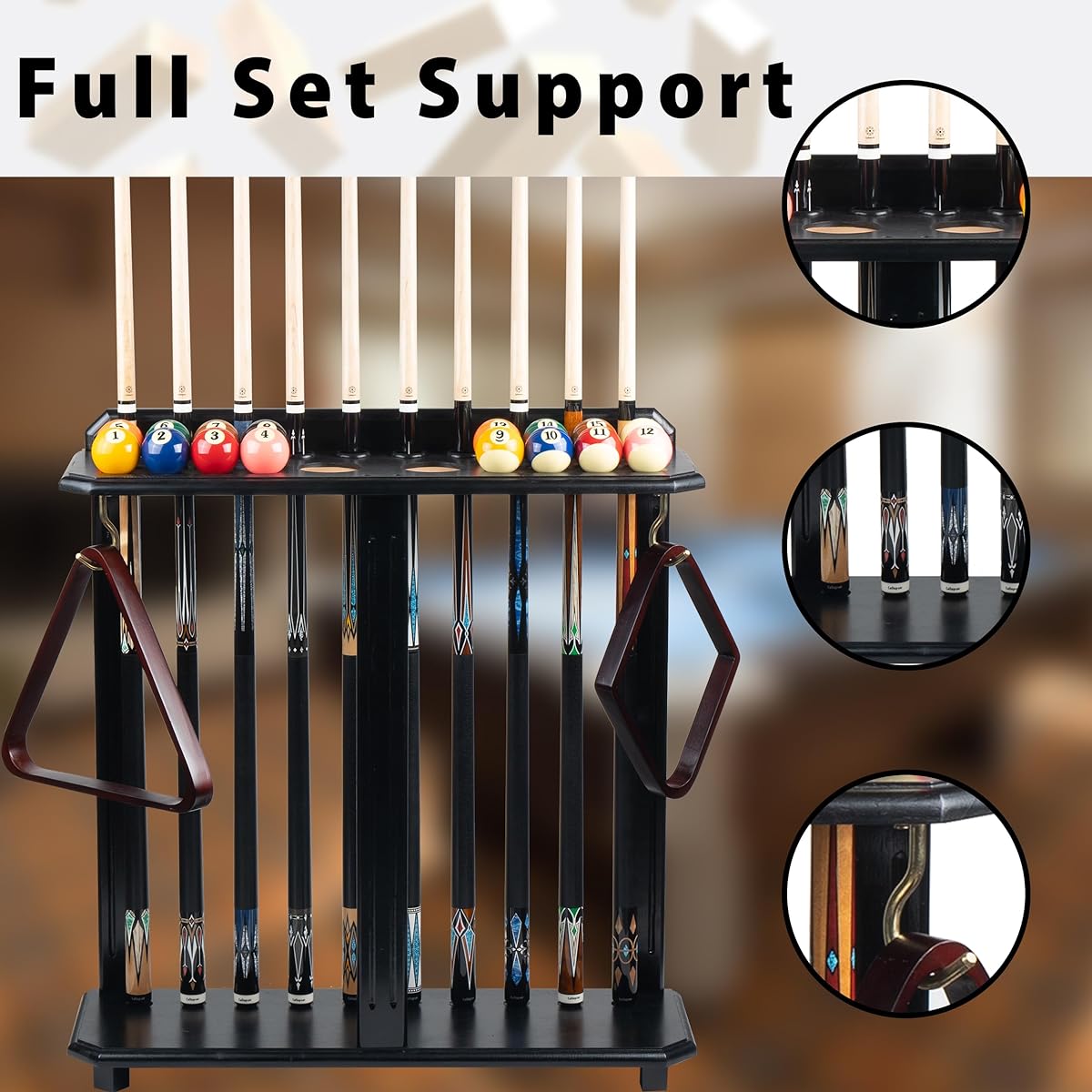 Collapsar Pool Stick Holder Floor Stand Pool Cue Rack Cue Stick & Billiard Accessories Storage Solid Wood Corner Stand Pool Cue Holder