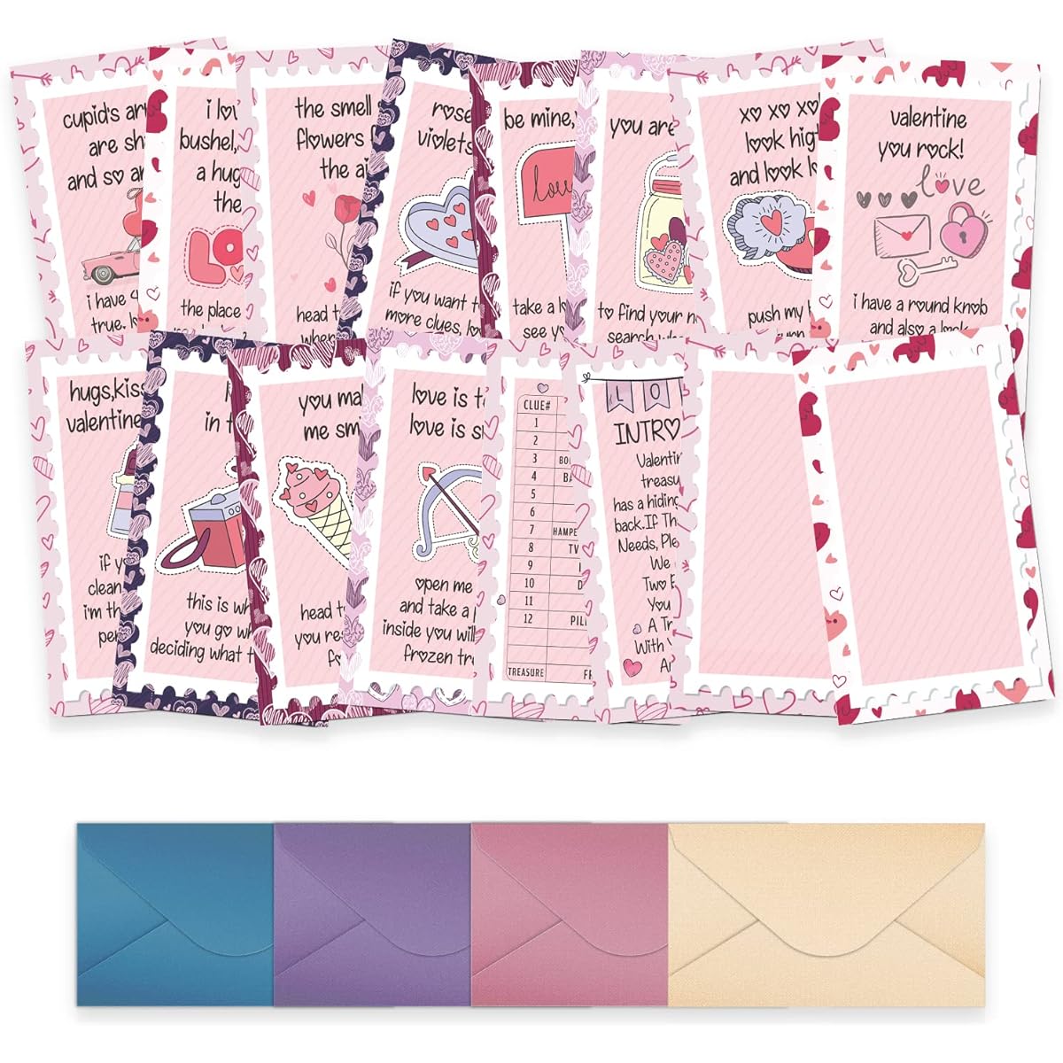 XBK001E Valentine Scavenger Hunt Claire (15 Cards and Envelopes Included) Valentine Party Game for Kids Valentine Party Game Valentine Classroom Party