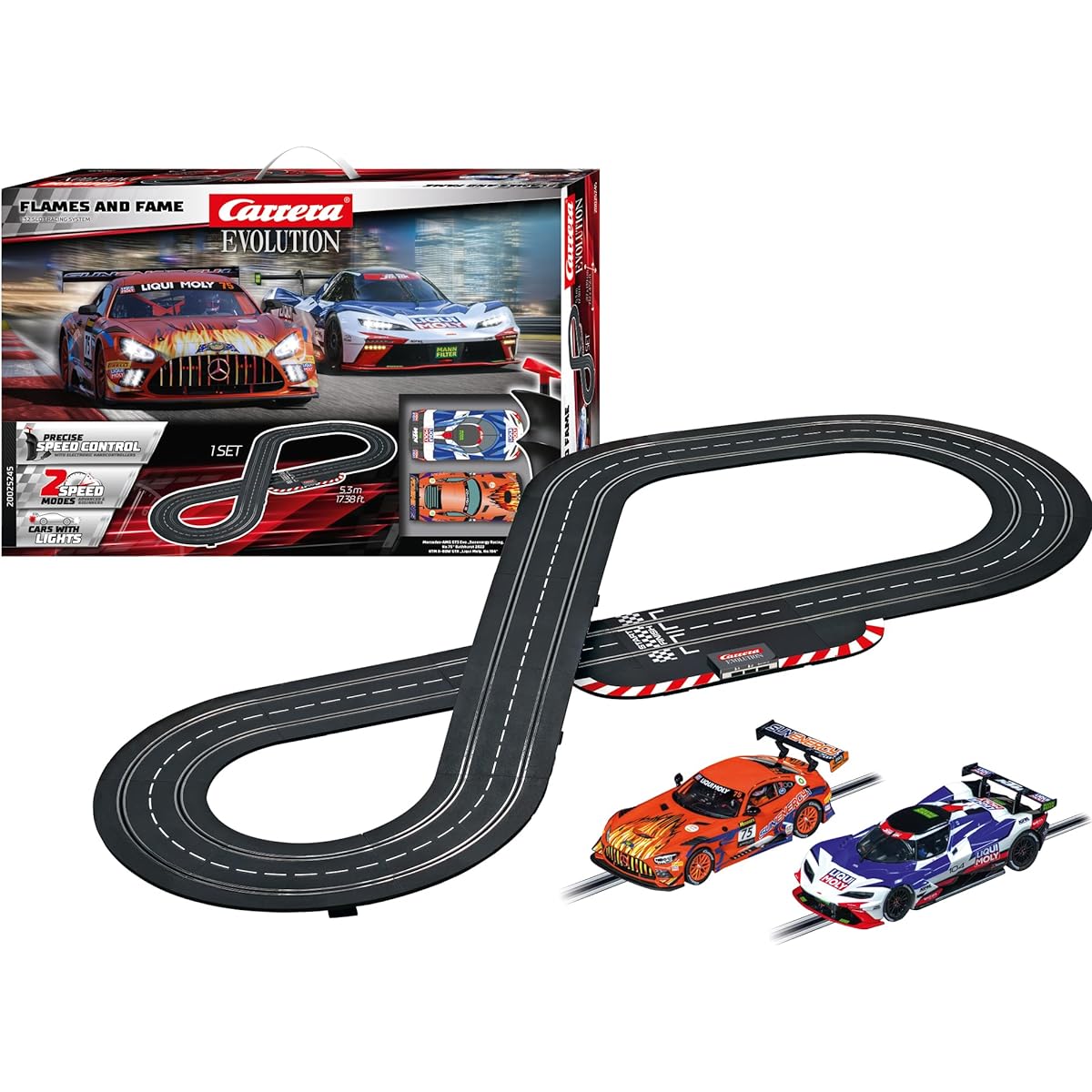 Carrera Evolution 20025245 Flames and Fame Analog Electric 1:32 Scale Slot Car Race Track Set - 2 1:32 Scale Cars and 2 Dual Speed Controllers, Ages 8+