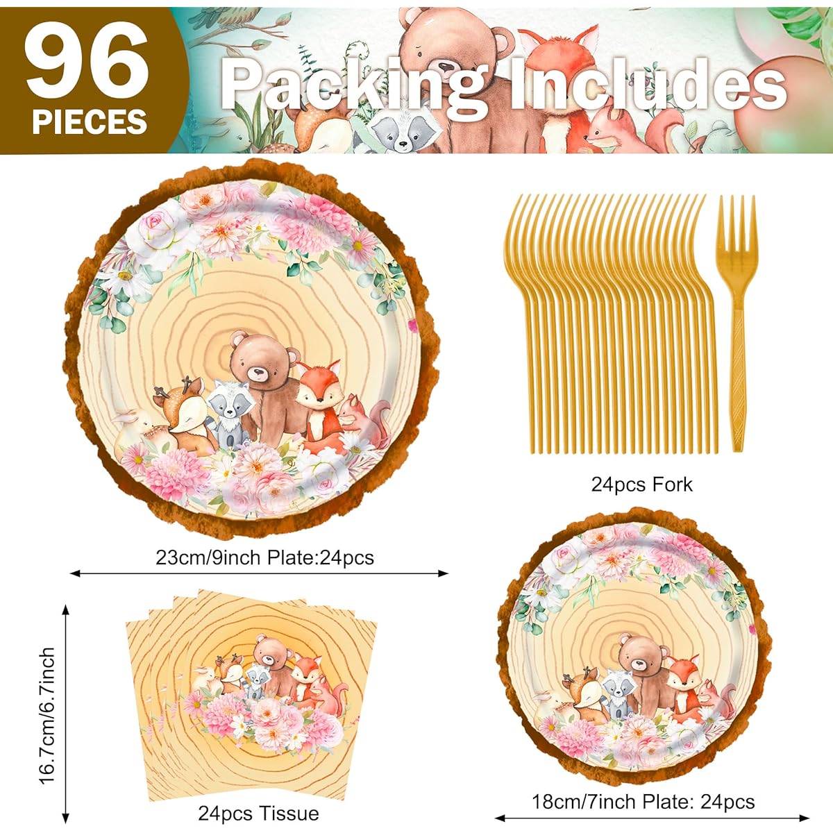 Woodland Baby Shower Decorations, 96 Pieces Woodland Bear Baby Shower Plates and Napkins Set, Woodland Animals Friends Theme Decor, Safari Baby Shower Birthday Party Supplies for Boys & Girls, Serves 24 Guests