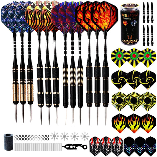 WELLFORM Darts Metal Tip Set, Steel Tip Darts Set 22g and 28g Professional Darts with Darts Guide and Darts Case, Aluminum Shaft, Brass Barrel, Extra Darts Flights, Darts Sharpener, etc.