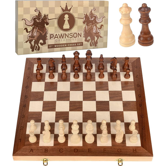 Wooden Chess Set for Kids and Adults - 17" Staunton Chess Set - Large Foldable Chess Board Game Set - Piece Storage | Wooden Pawns - Unique eBook for Beginners - 2 Extra Queens.