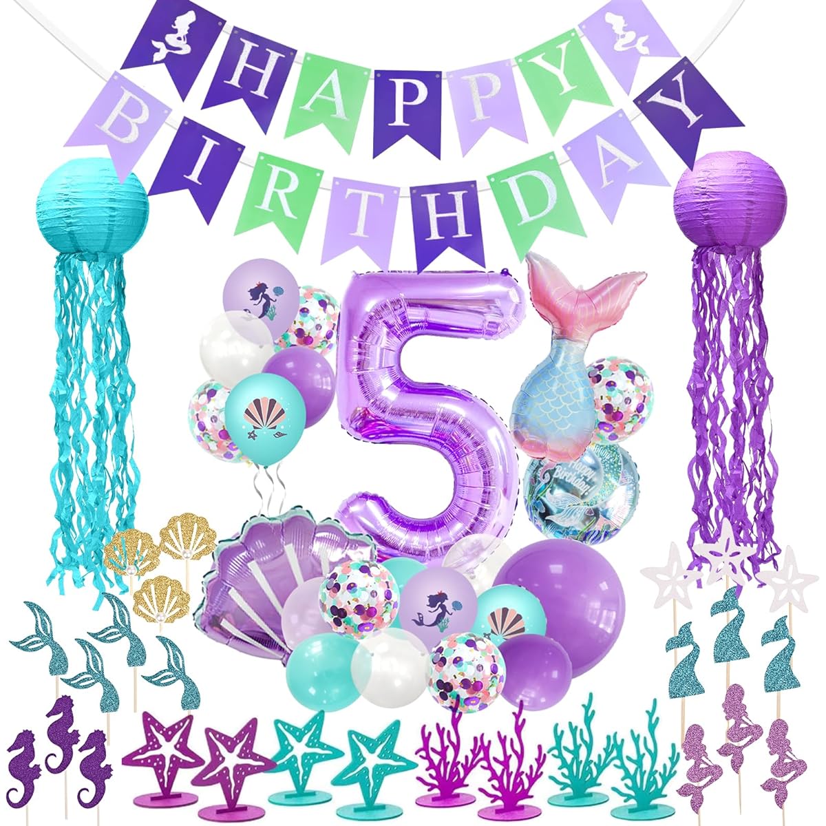 Mermaid Party Decoration Mermaid Birthday Decoration Happy Birthday Banner/With Balloons (Mermaid-5)