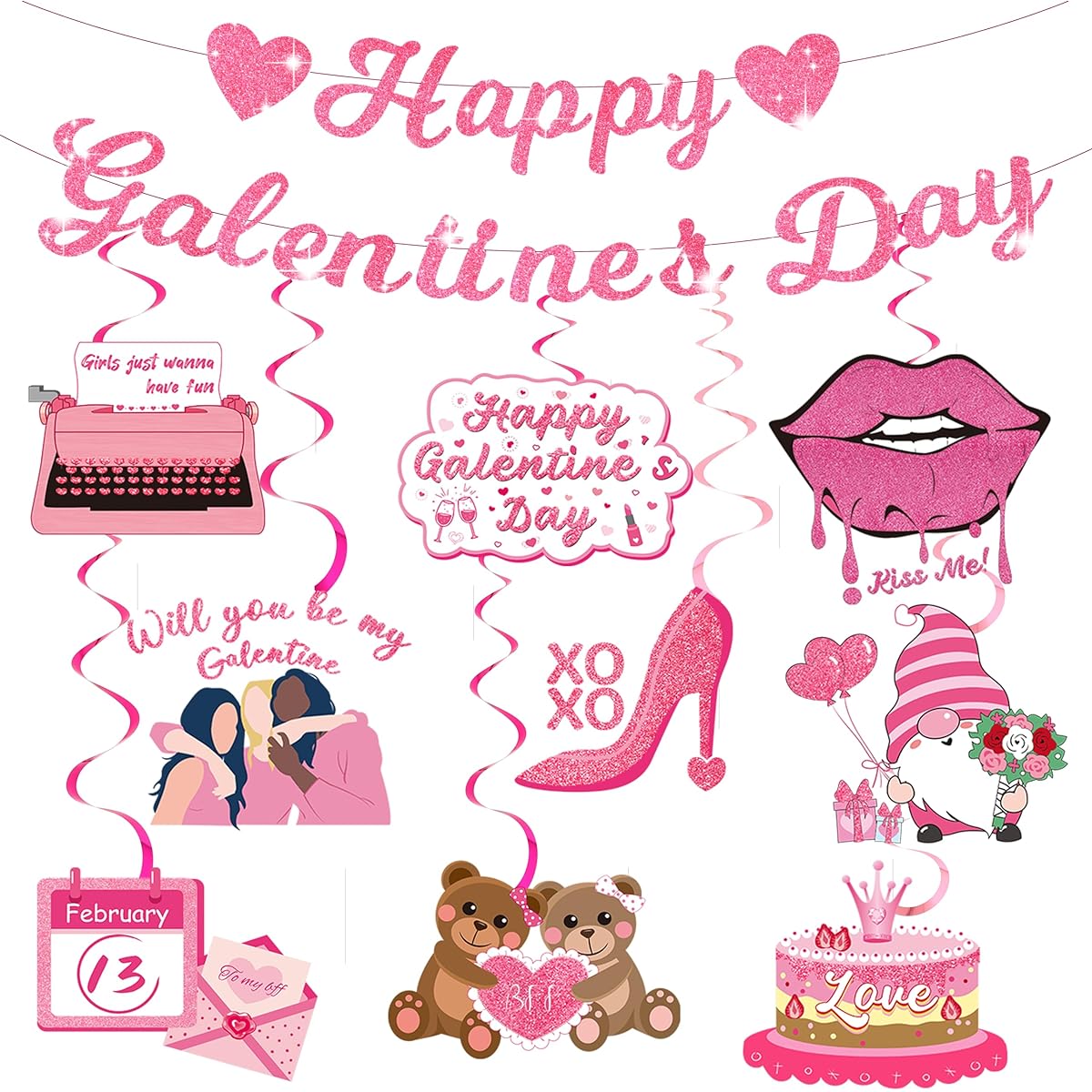 DTOFOOT Galentines Day Decorations, 20 Pieces Glitter Happy Galentine's Day Banner, Galentine's Hanging Swirls, Pink Streamers, Galentine's Day Party Decorations for Girls Women