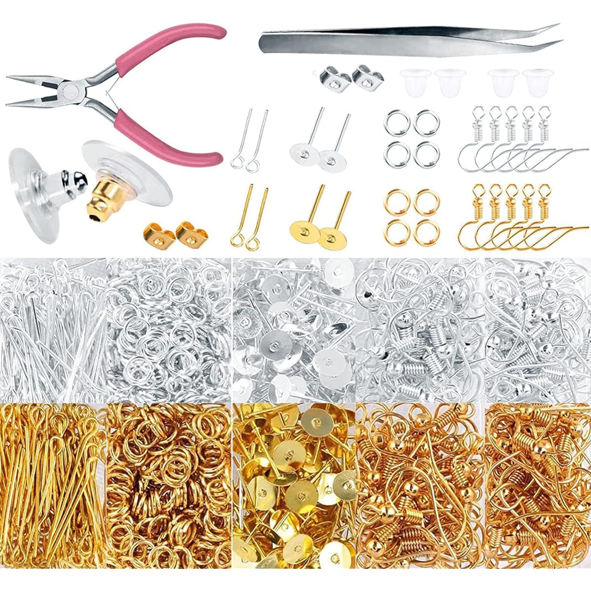 DIY Crafts 50g Antique Gold Sample Only Earring Making Kit Supplies Earring Hooks Earring Posts Earring Backs Jump Rings Eye Pin Jewelry Pliers Tool (50g Antique Gold)