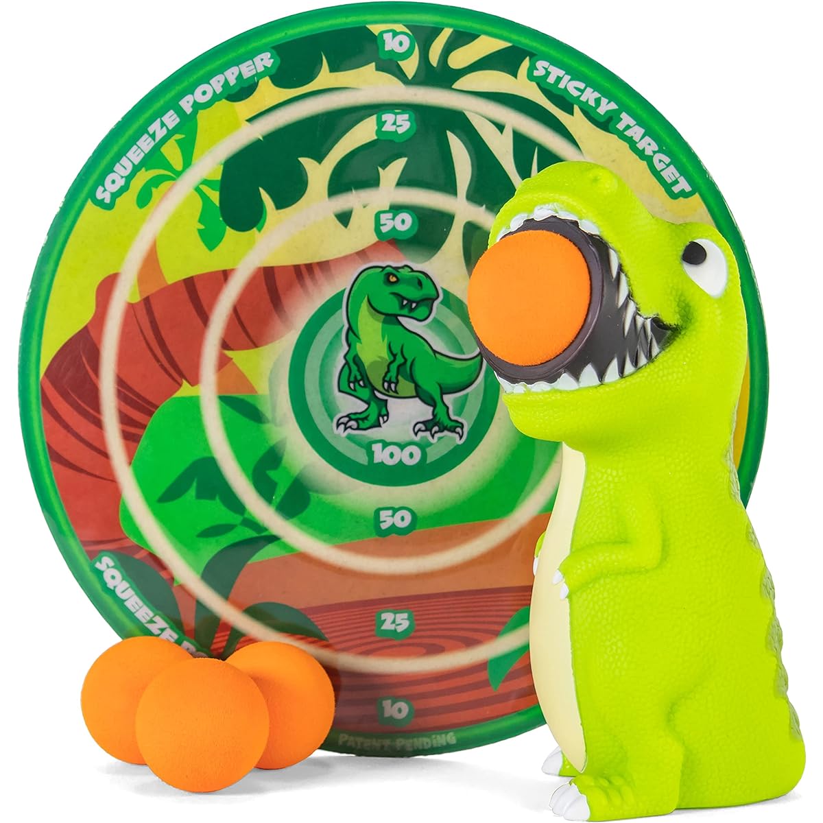 Hog Wild T-Rex Dinosaur Popper Toy and Sticky Target Set - Pop Foam Balls up to 20 Feet - Includes 4 Balls - Ages 4+