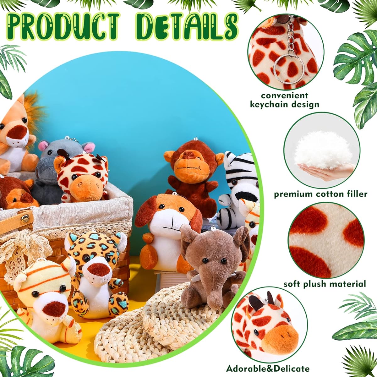48 Pcs Bulk Mini Jungle Animal Stuffed Animals Forest Animals 4-5.5 Inch Small Zoo Animal Toys with Keychains for Safari Animal Theme Party Teacher Student Prizes