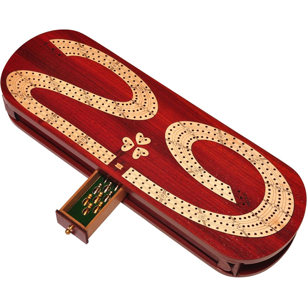 Palm Royal Handcraft - 3 Track Continuous Cribbage Board Inlane Bloodwood/Maple Cribbage Board 120 Pieces 29 Pieces 3 Track Cribbage
