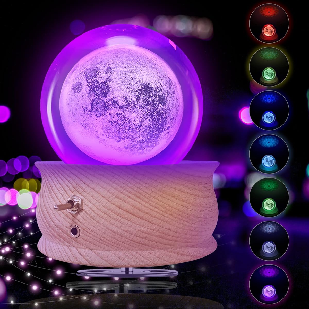 Dicosky 3D Crystal Ball Music Box 7 Colors LED Projection Luminous Rotating Musical Wooden Base for Kids Mother Girl Wife Boy Woman Valentine's Day Birthday Christmas Gift (Moon-C)