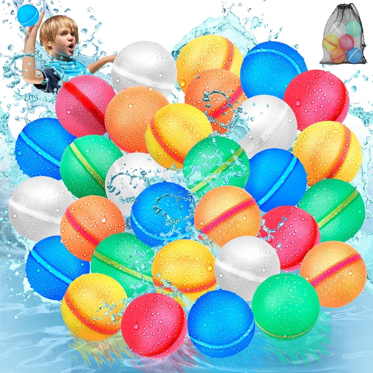 Wowday 30pcs Reusable Water Balloons for Kids Water Balloons Quick Fill Refillable Water Balloons Self Sealing Magnetic Water Bomb Balls Summer Pool Water Toys for Boys Girls