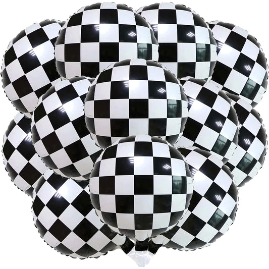 12 Pieces Checkered Racing Balloons 18" Checkerboard Balloons Foil Balloons Aluminum Black White Balloons Race Theme Party Decorations 18" Mylar Balloons Race Car Birthday Party Supplies