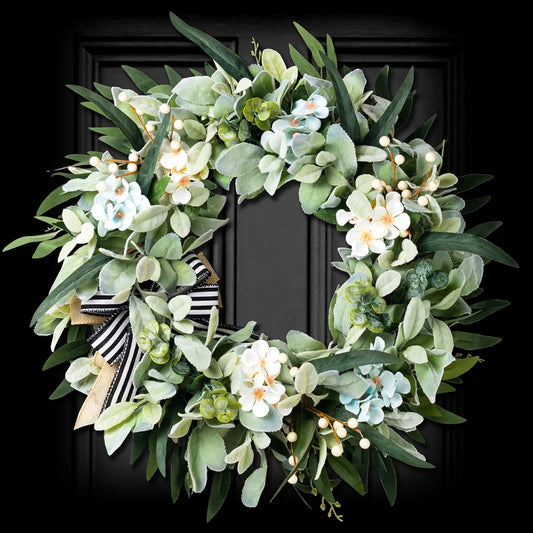 WREATHOME Lamb's Ear Wreath for Front Door, 18" Green Artificial Wreath for Spring Summer Farmhouse Wreath for Porch Indoor Outdoor Decor