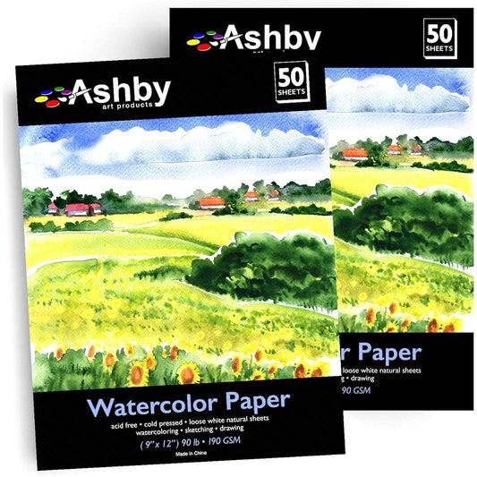 Ashby Practice Watercolor Paper 100 Sheets (9" x 12") - 190 GSM, Acid Free and Cold Press Perfect for Coloring and Drawing, Wet, Dry and Mixed Media Bulk Pack