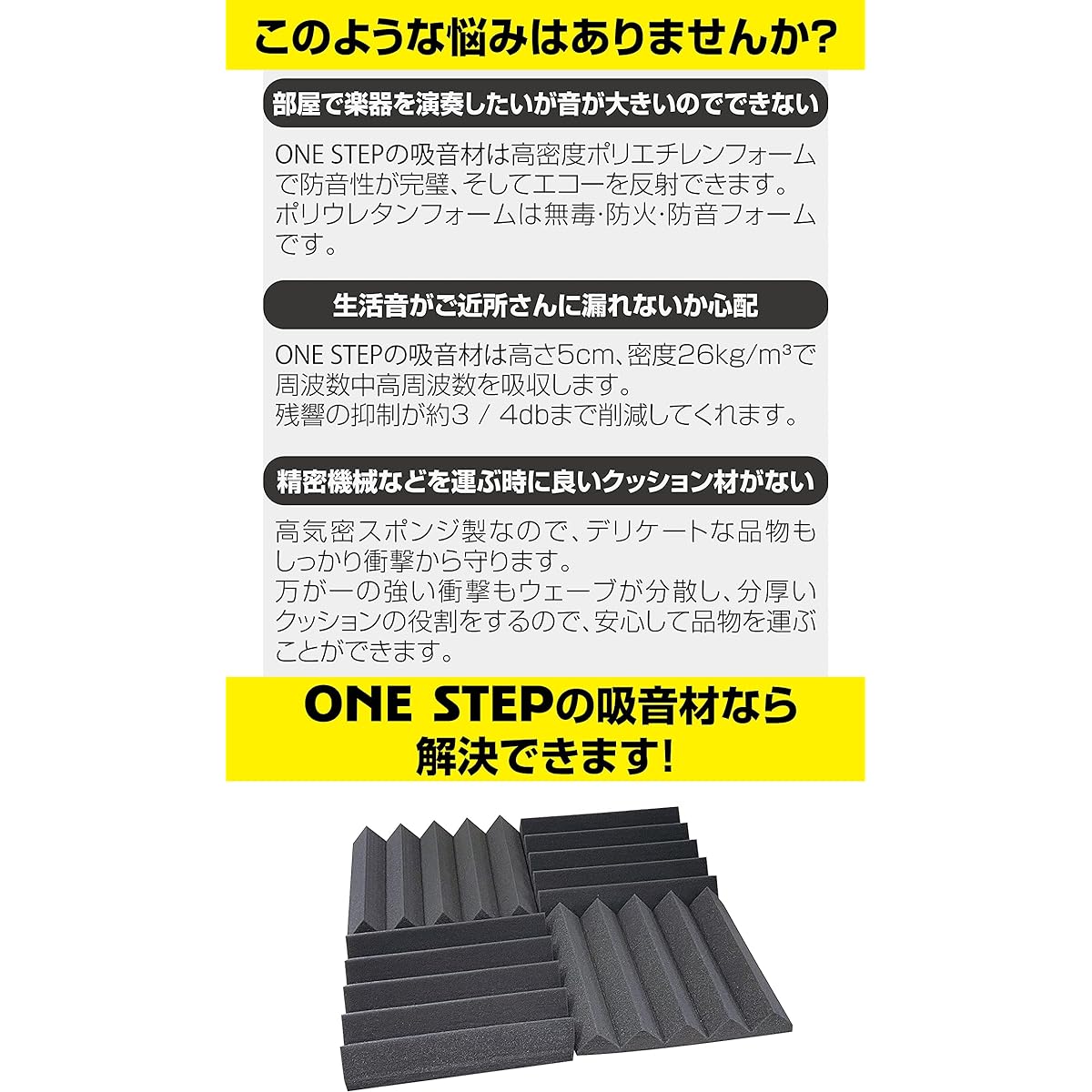 ONE STEP Sound Absorbing Material, Polyurethane Sound Absorbing Material, Noise Reduction, Soundproofing, Sound Absorption, Interior Decoration, Musical Instruments, Piano Room, Car Audio (96 Sheets, Black)