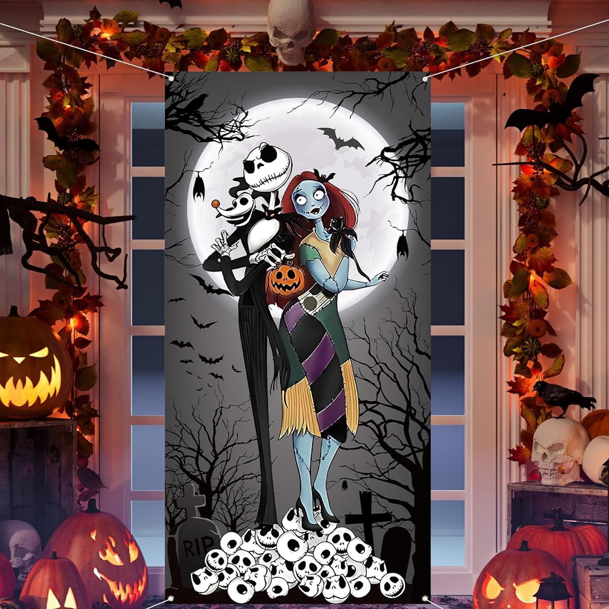 Halloween Decorations Halloween Gothic Skull Door Cover Christmas Nightmare Before Christmas Front Porch Sign Halloween Decorations and Supplies for Home Party