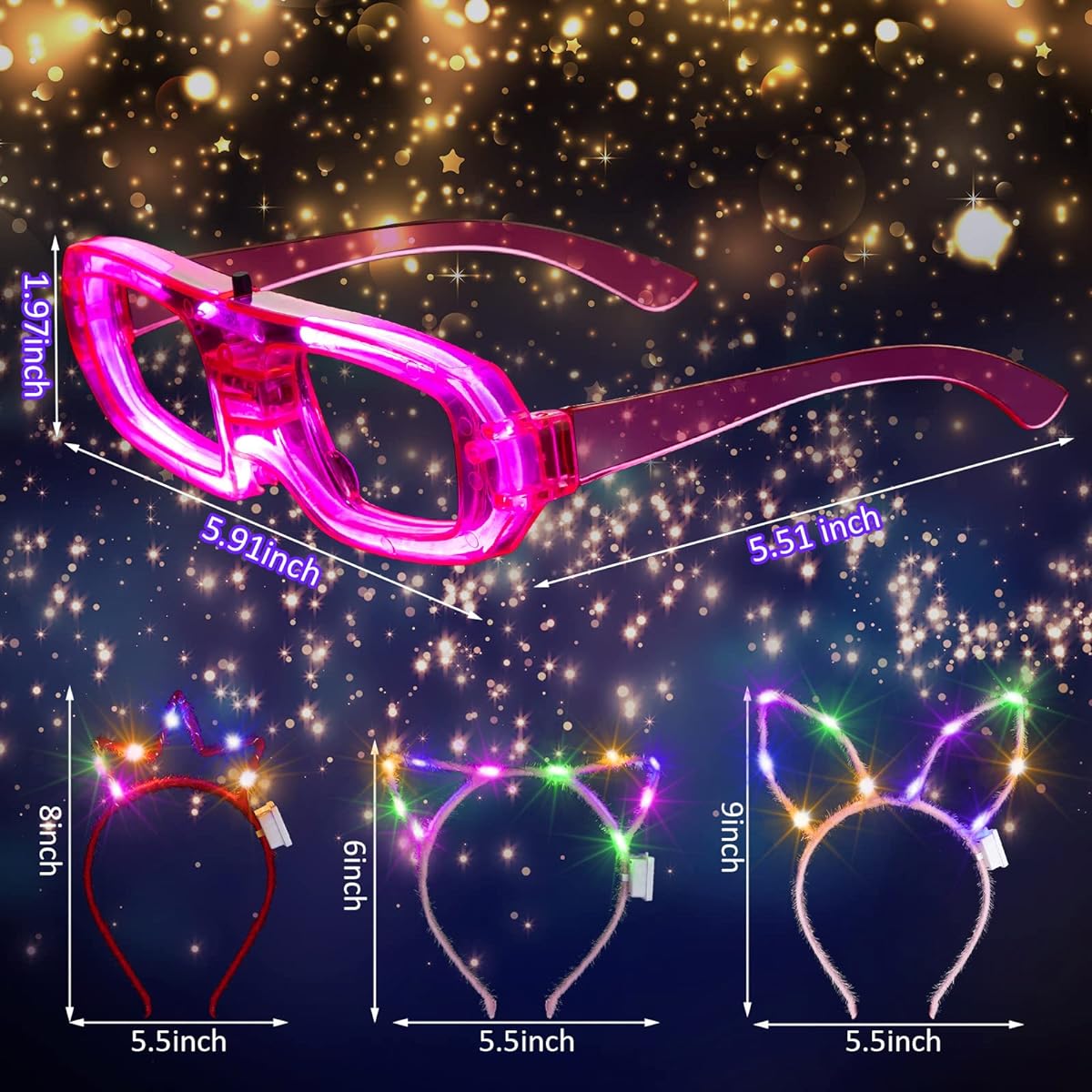 Glow in the Dark Party Supplies 120pcs Light Up Glasses 60pcs LED Cat Ear Headbands 20pcs LED Bunny Ear Hair Accessories 20pcs Glow Crown Tiara Hairbands for Neon Holiday Birthday Halloween Christmas Party