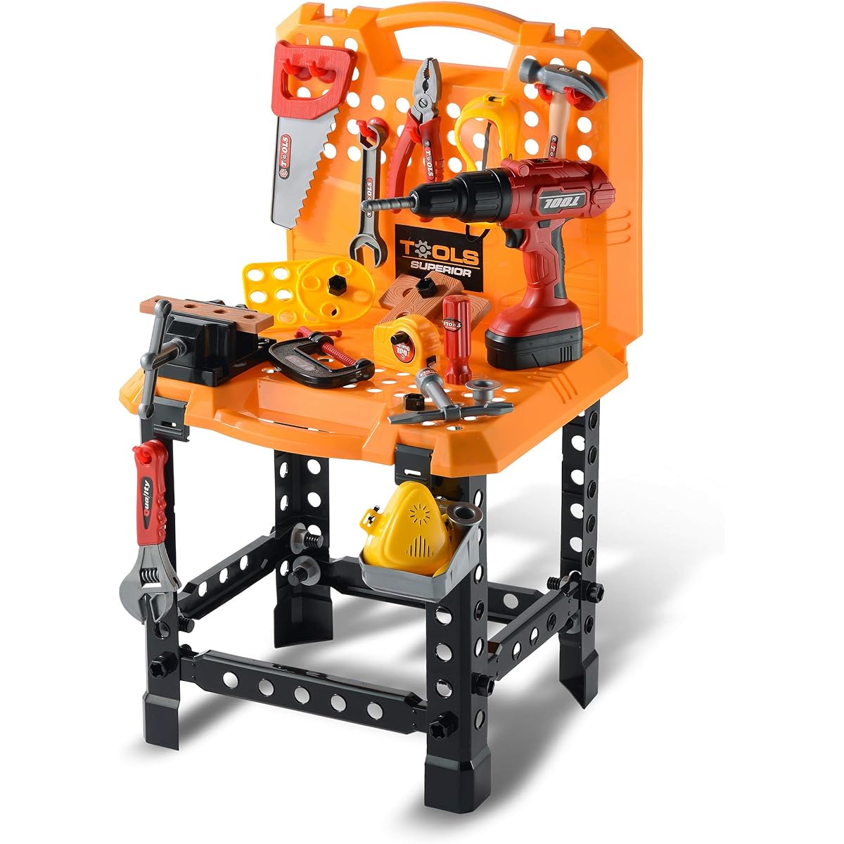 Toy Choi 100 Piece Kids Power Workbench with Realistic Tools and Electric Drill, Kids Stem Building Construction Tool Set T101