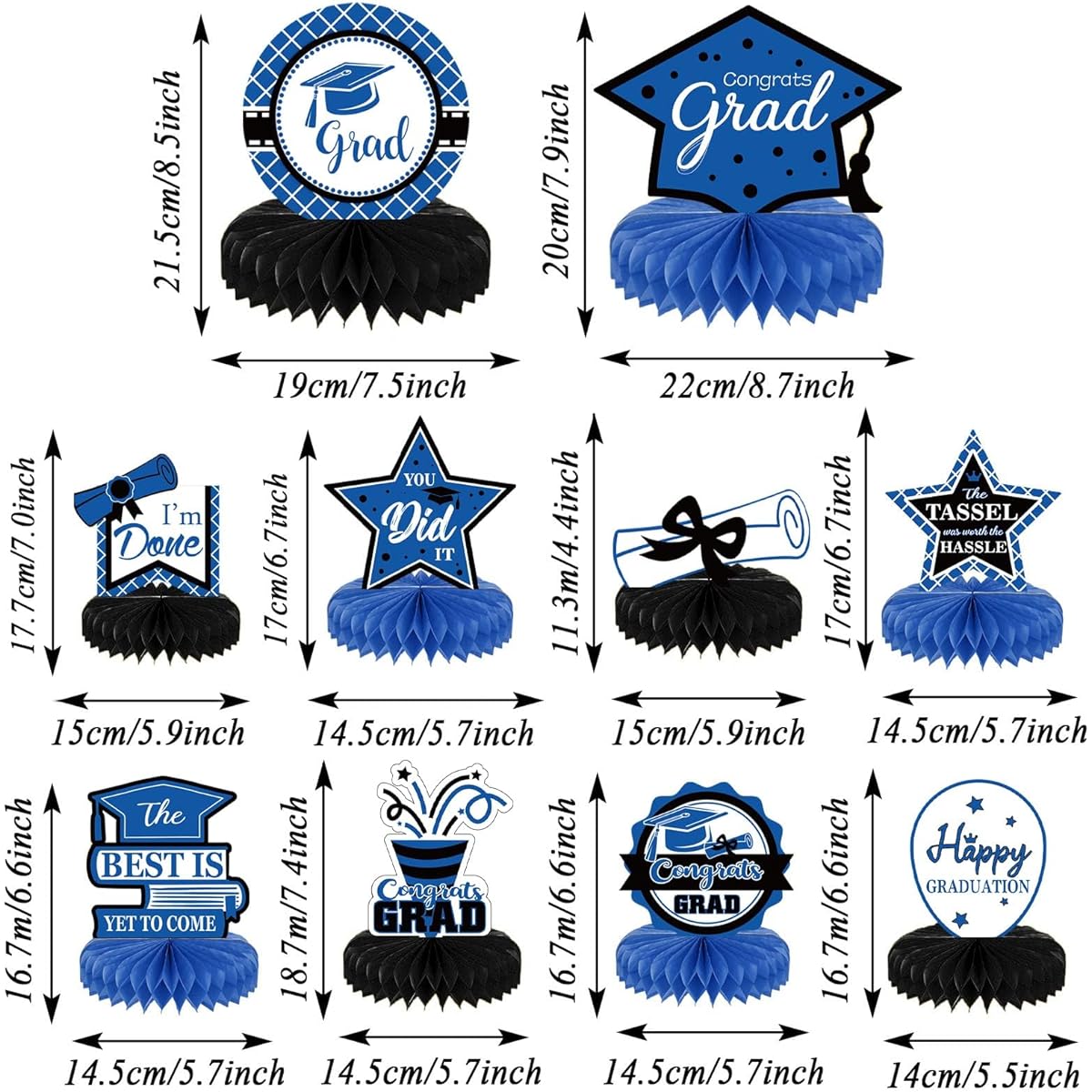 10 Pieces Class of 2023 Graduation Party Decorations 2023 Graduation Honeycomb Centerpieces Table Toppers for Graduation Party Favors (Black Blue)