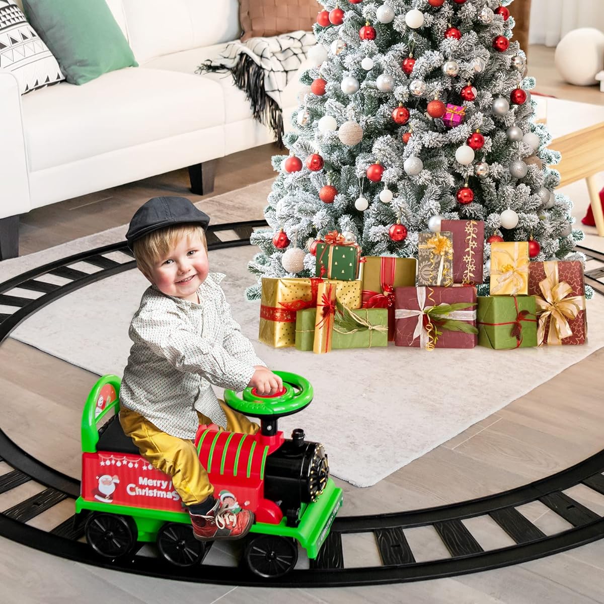 Costzon Ride on Toys 6V Train Ride with Tracks, Storage Seat, Flashing Lights & Music, Backrest, Anti-Tilt Device, Gift for Toddler Boys & Girls, Battery Powered Ride on Car (Green)