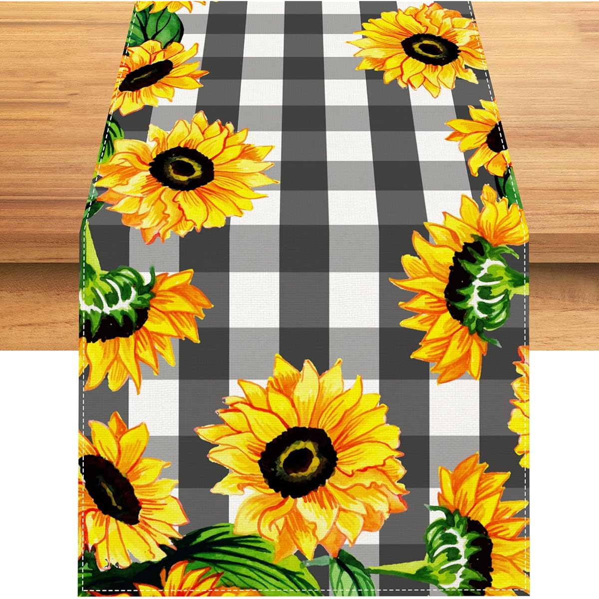 Linen Farmhouse Sunflower Table Runner Black and White Buffalo Check Plaid Tablecloth Party Decorations for Home Kitchen Table 13x72 Inch